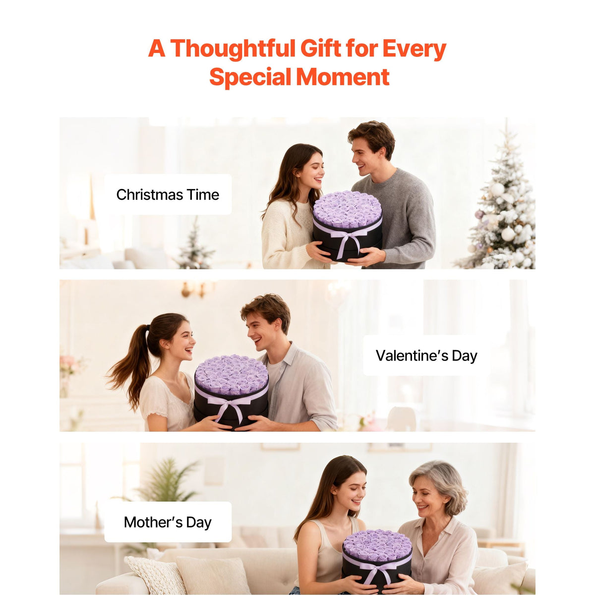 Forever Flowers, 50 Preserved Roses in a Box, Eternal Flowers Immortal Bouquet Birthday Present for Women Her Wife Mothers, Anniversary, Valentine's Day,Christmas, Lavender Purple