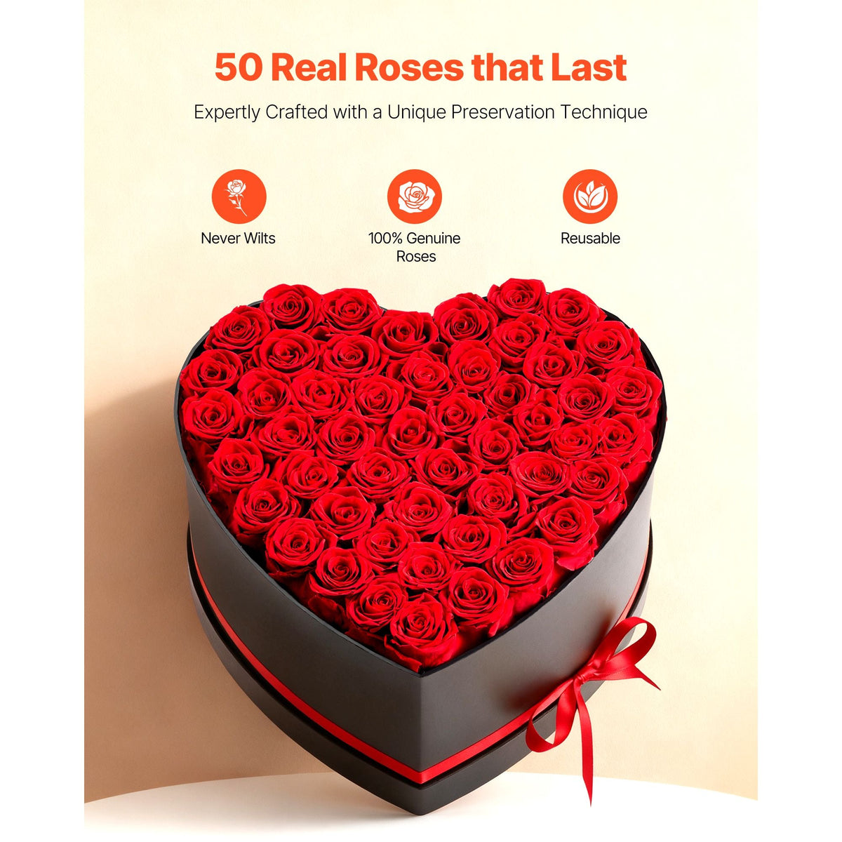Forever Flowers, 50 Preserved Roses in a Heart Shape Box, Eternal Flowers Immortal Bouquet Birthday Present for Delivery Prime Women Her Wife Mothers, Anniversary, Valentine's Day,Christmas, Red