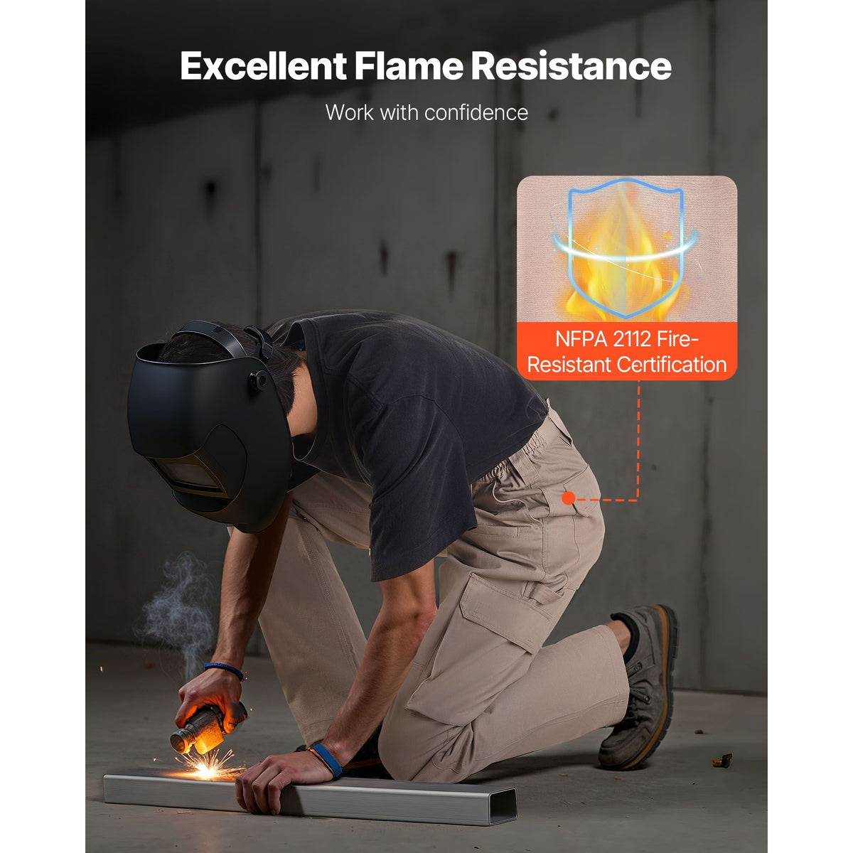 FR Pants for Men, 9 oz 100% Cotton, Flame-Resistant Cargo Pants with Multi-Pockets and Elastic Waist, Reinforced Tear-proof Stitching, Ideal for Welding Work and Casual Wear, XXL Size, Khaki