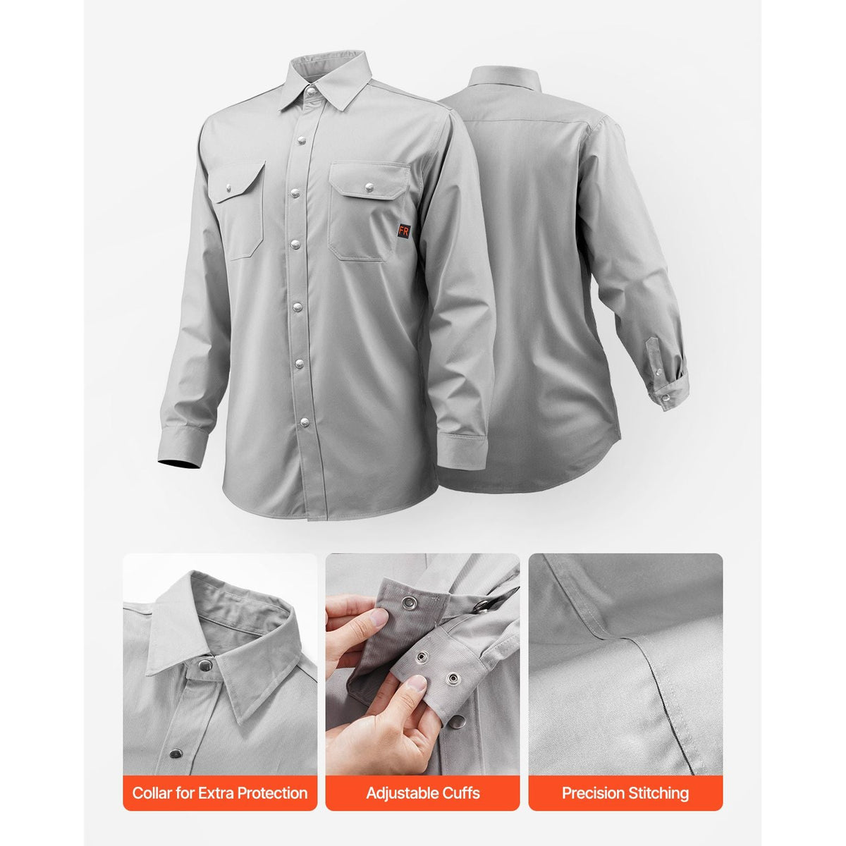 FR Shirts for Men, 7oz. Flame Resistant Welding Jacket, Machine Washable Cotton Heat-Resistant Welding Shirt, Meets ATPV 9.2 Cal/cm² Arc Rating - L Size
