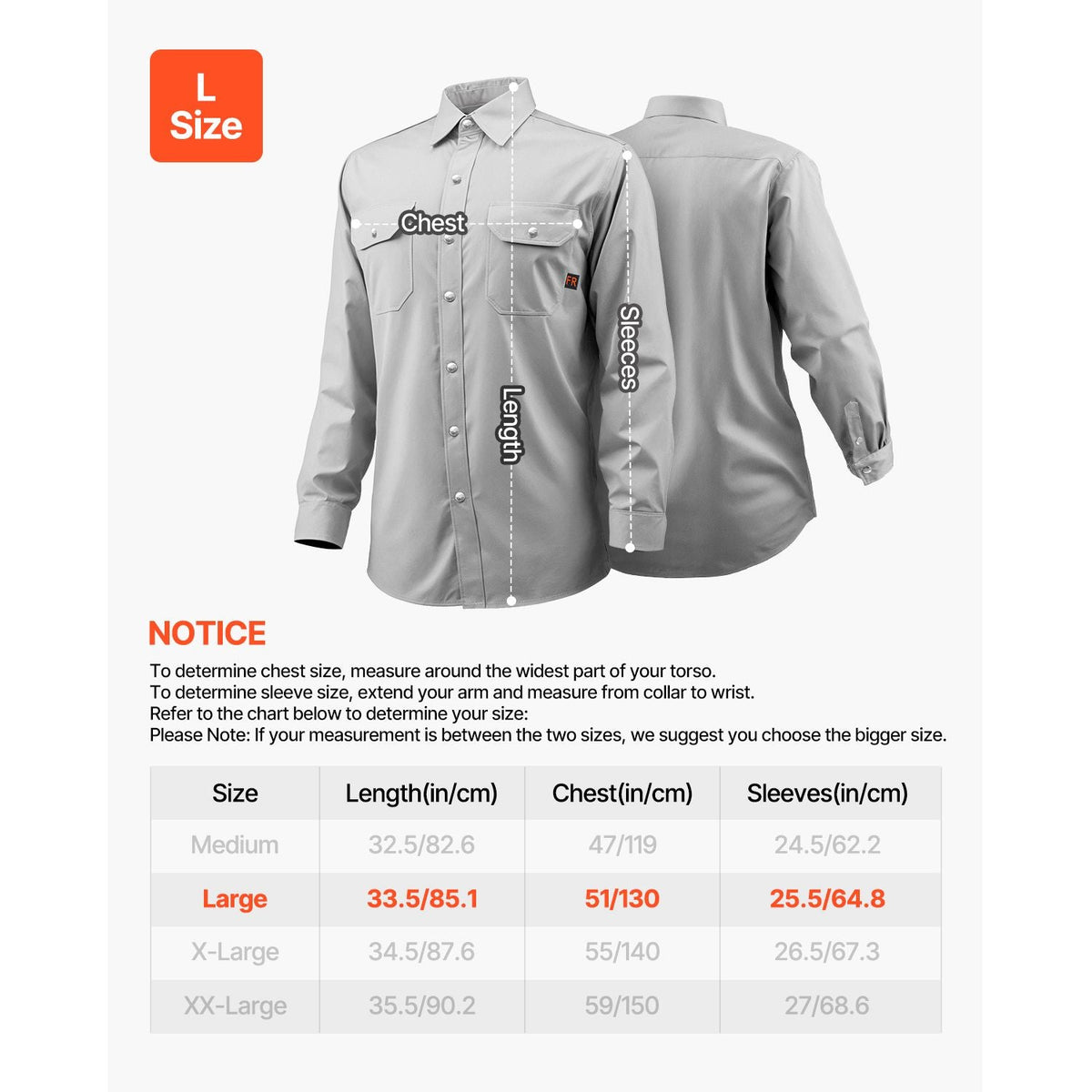FR Shirts for Men, 7oz. Flame Resistant Welding Jacket, Machine Washable Cotton Heat-Resistant Welding Shirt, Meets ATPV 9.2 Cal/cm² Arc Rating - L Size