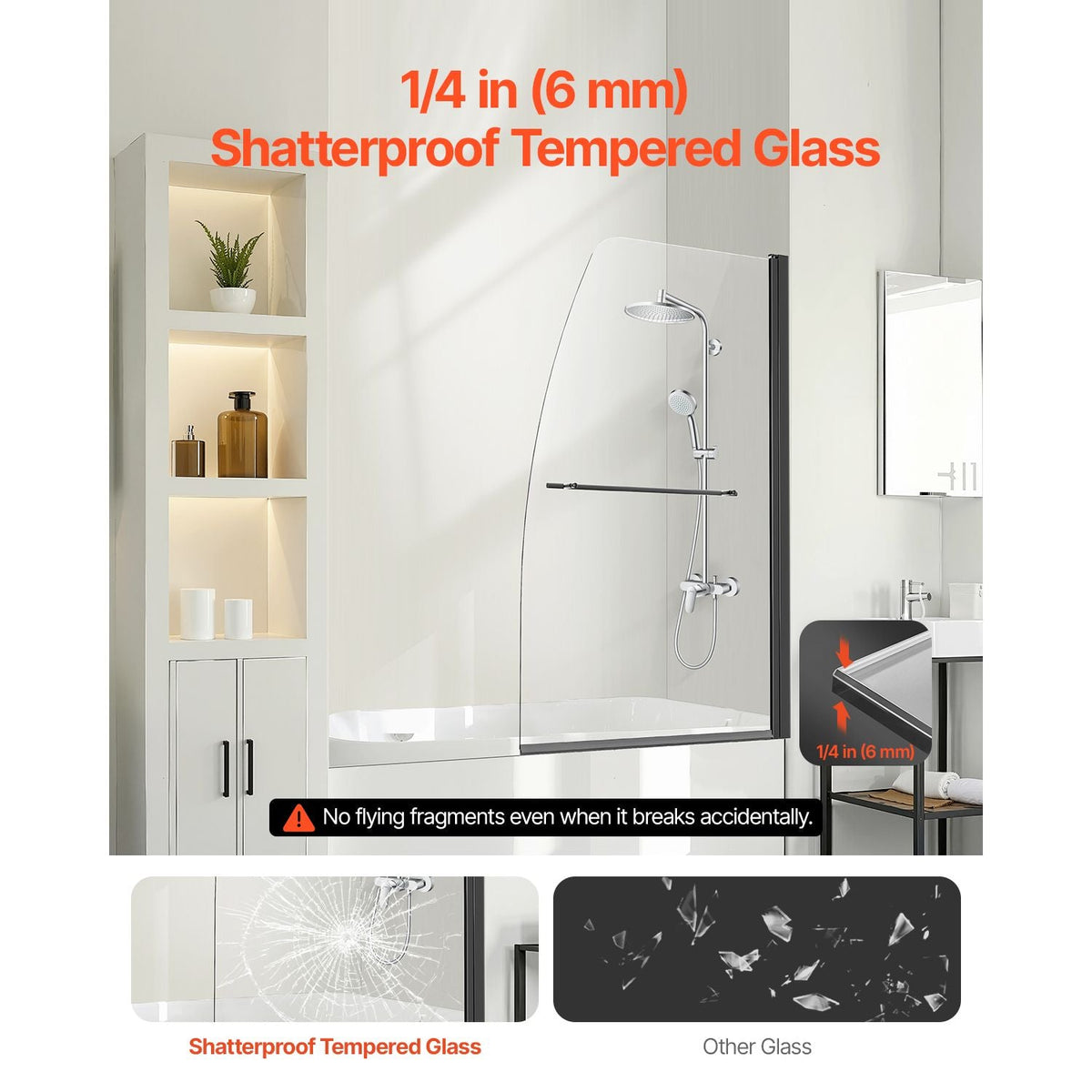 Frameless Bathtub Shower Door, 34 in. W x 55 in. H, Half Shower Door for Bathtub, 180° Rotatable Tempered Glass Door, Half Shower Door with 1/4 in Tempered Glass Bathroom Shower Screen, Black
