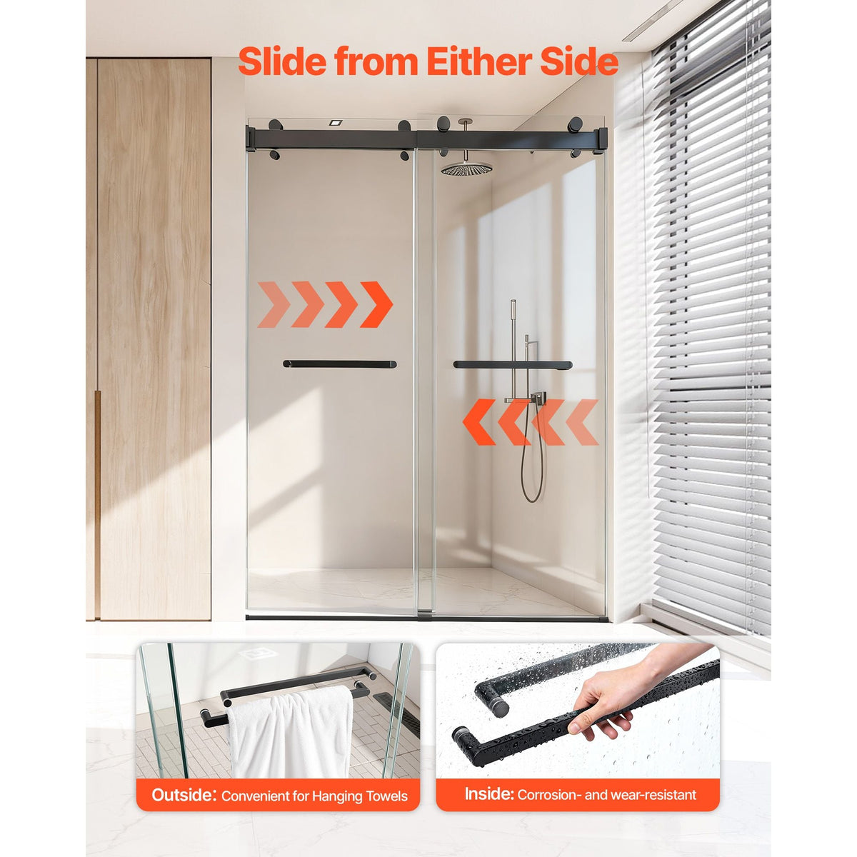 Frameless Shower Door, 48" W x 76" H, Shower Sliding Glass Door with 3/8" (10 mm) Thick Clear Tempered Glass, Noiseless Shatterproof Nano Coating, with Rail, Seal Strip and Hardware Kit