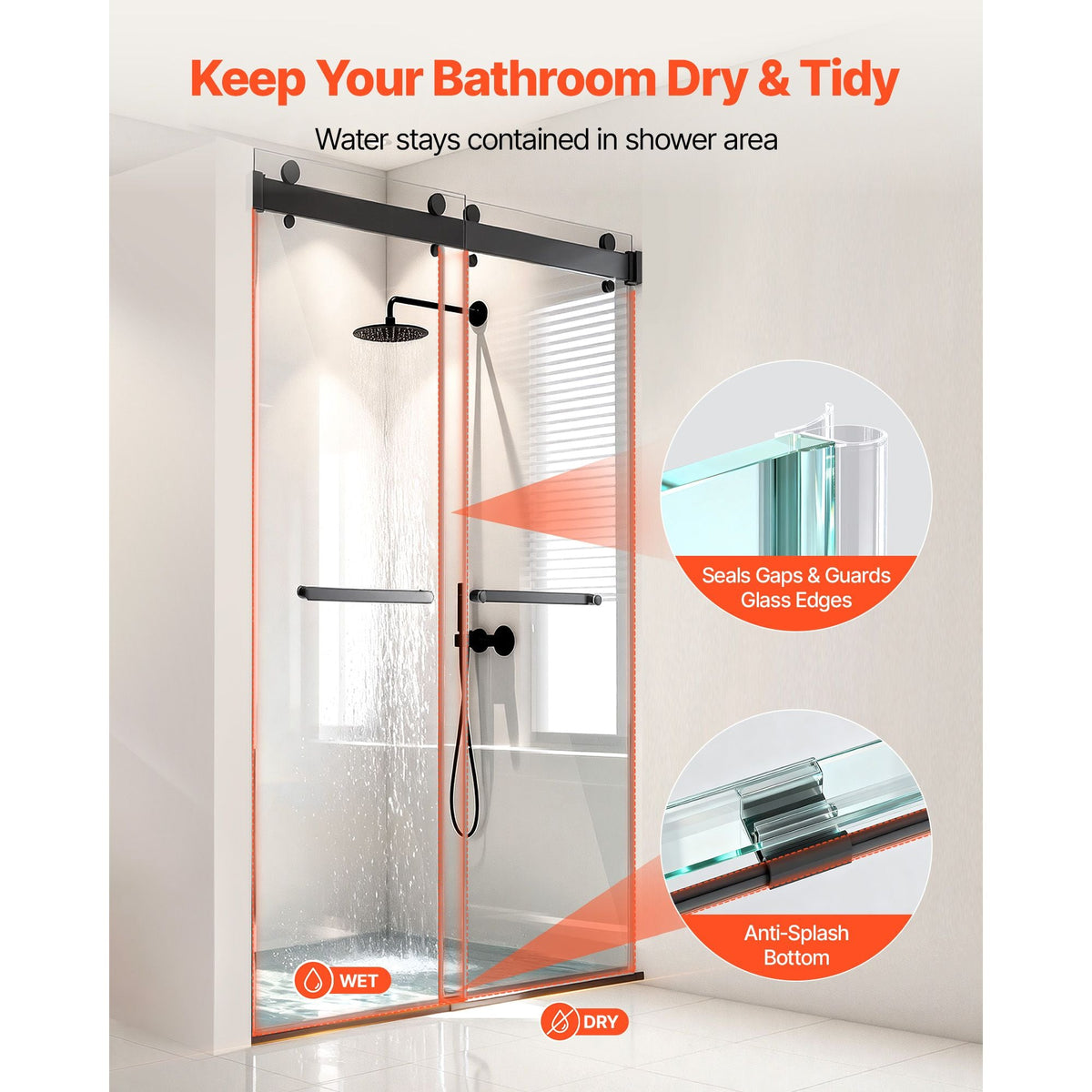 Frameless Shower Door, 48" W x 76" H, Shower Sliding Glass Door with 3/8" (10 mm) Thick Clear Tempered Glass, Noiseless Shatterproof Nano Coating, with Rail, Seal Strip and Hardware Kit