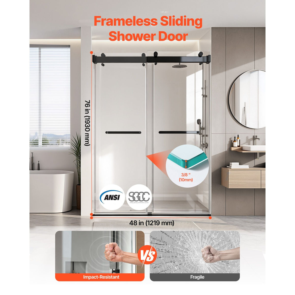 Frameless Shower Door, 48" W x 76" H, Shower Sliding Glass Door with 3/8" (10 mm) Thick Clear Tempered Glass, Noiseless Shatterproof Nano Coating, with Rail, Seal Strip and Hardware Kit