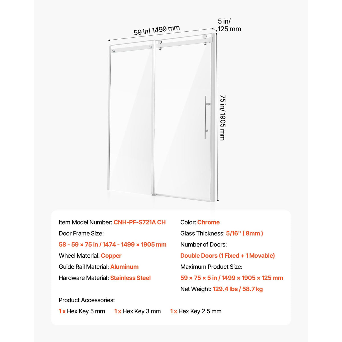 Frameless Shower Door, 58-59 W x 75 H in, Shower Sliding Glass Door with 5/16 in(8mm) Clear SGCC Tempered Glass, Waterproof Shatterproof NANO Stainproof with Stainless Steel Hardware, Chrome