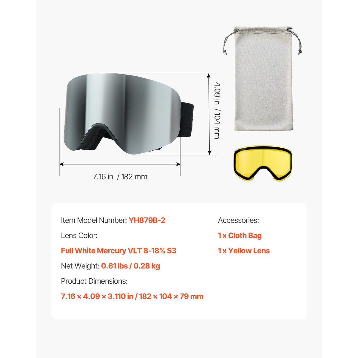 Frameless Ski Goggles, Magnet Cylindrical Lens with Silver Mirror Revo Coating, OTG Anti fog Snow Goggles for Men Women, TPU Frame & Ventilation Structure, Fit for Skiing, Skating, Snowboarding