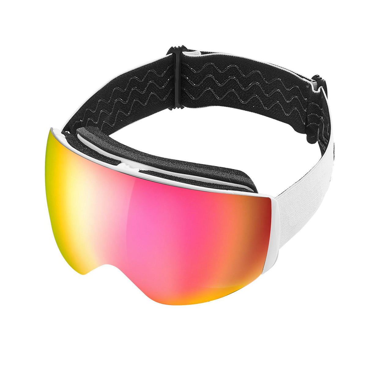 Frameless Ski Goggles, Spherical Lens with Pink Revo Coating, OTG Anti fog Snow Goggles for Men Women Youth, TPU Frame & Ventilation Structure, Suitable for Skiing, Skating, Snowboarding