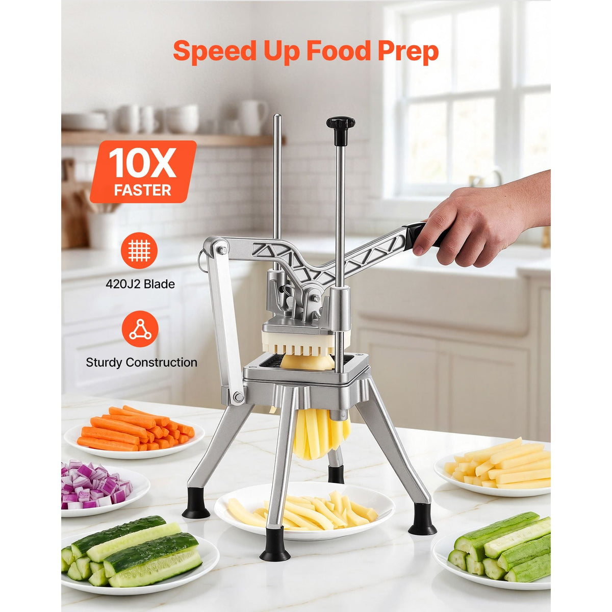 French Fry Cutter, 1/2" Blade Commercial Vegetable Chopper, Lever-Action Vegetable Dicer with Ergonomic Handle, Stainless Steel Potato Slicer for Thick Cut Fries, Onion, Carrots, Bell Pepper