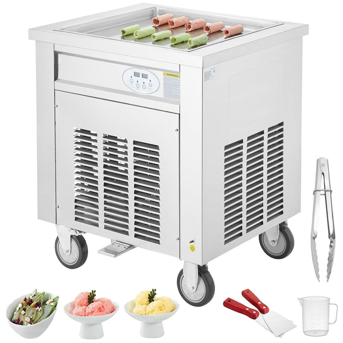 Fried Ice Cream Roll Machine, 19.7" x 19.7" Square Stir-Fried Ice Cream Pan, Stainless Steel Commercial Rolled Ice Cream Maker with Compressor and 2 Scrapers, for Making Ice Cream, Frozen Yogurt
