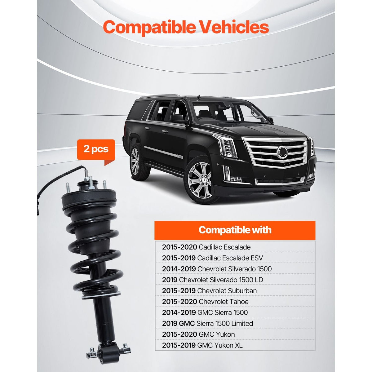 Front Air Shock Absorber Strut, 2 PCS, Compatible with Cadillac Escalade, Chevrolet Silverado/Suburban/Tahoe, GMC Sierra/Yukon, Replacement for 84176631 84061228 84977478 23312167 23464589