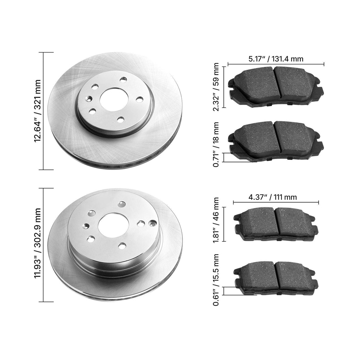 Front and Rear Brake Kit Compatible with 2010-2017 Chevrolet Equinox, 2010-2017 GMC Terrain, Hollow Brake Rotors Ceramic Brake Pads Replacement Kit, 12.7 in Front Rotors, 12 in Rear Rotors