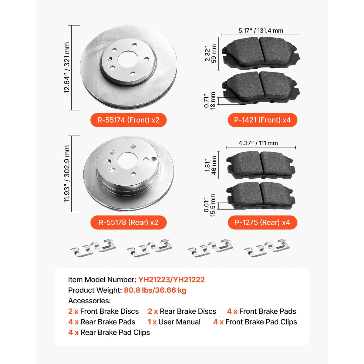 Front and Rear Brake Kit Compatible with 2010-2017 Chevrolet Equinox, 2010-2017 GMC Terrain, Hollow Brake Rotors Ceramic Brake Pads Replacement Kit, 12.7 in Front Rotors, 12 in Rear Rotors