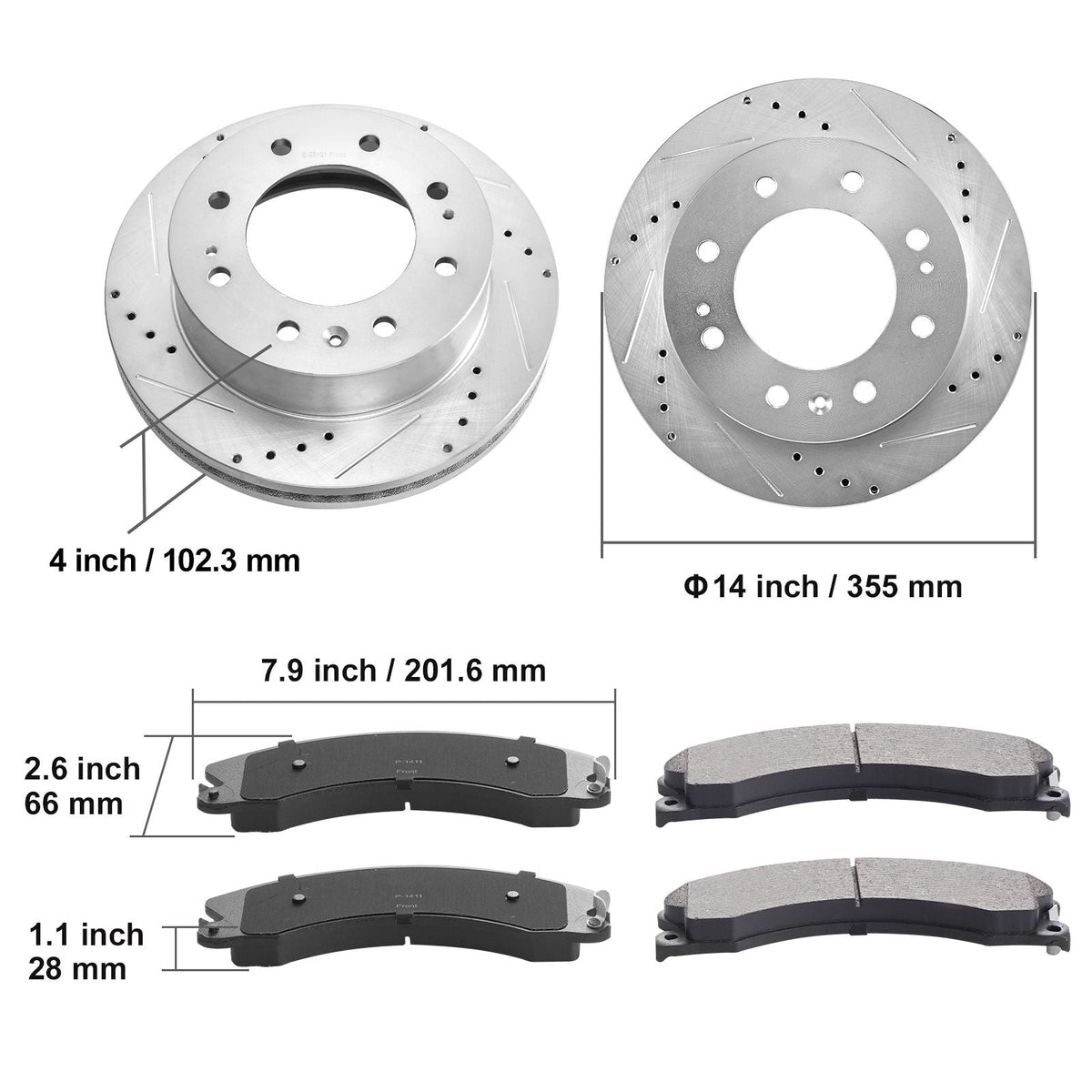 Front Brake Kit Compatible with 2011-2019 Chevy Silverado GMC Sierra 2500 3500 HD, Drilled and Slotted Brake Rotors Ceramic Brake Pads Replacement Kit, 14" Front Rotors