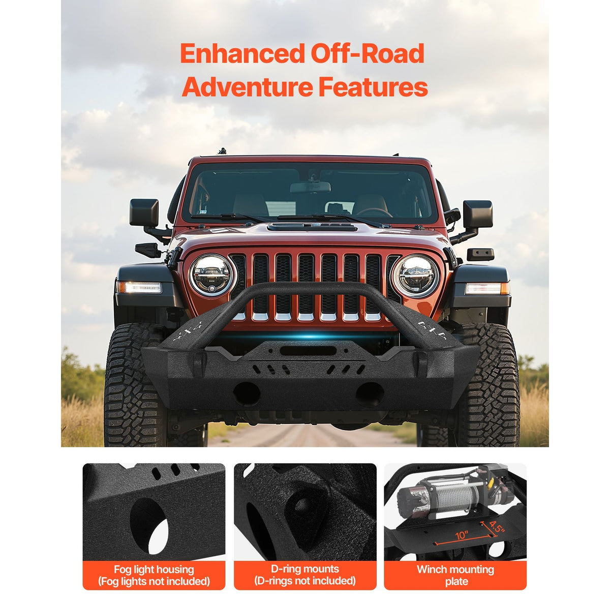 Front Bumper Compatible with 2018-2024 Jeep Wrangler JL JLU & Gladiator JT, Heavy-Duty Steel Front Bumper with Winch Plate, D-Ring Mounts & Fog Light Housing