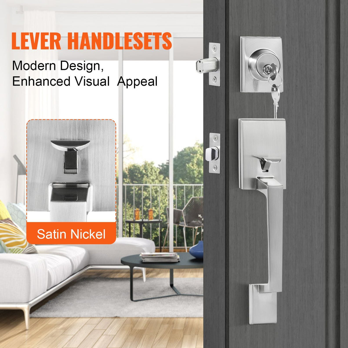 Front Door Handle and Deadbolt Set, Square Entry Handle Set with Lever, Single Cylinder, Adjustable Hole Space, Reversible for Right and Left Handed Entrance and Front Doors, Satin Nickel