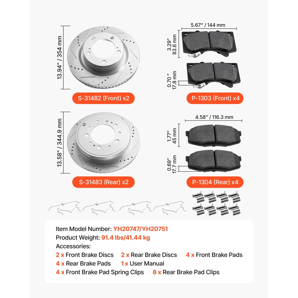 Front & Rear Ceramic Brake Kit Compatible with 2016-2021 Lexus LX570, 2016-2021 Toyota Land Cruiser, Drilled and Slotted Brake Rotors Ceramic Brake Pads Replacement Kit, 14 inch Front Rotors