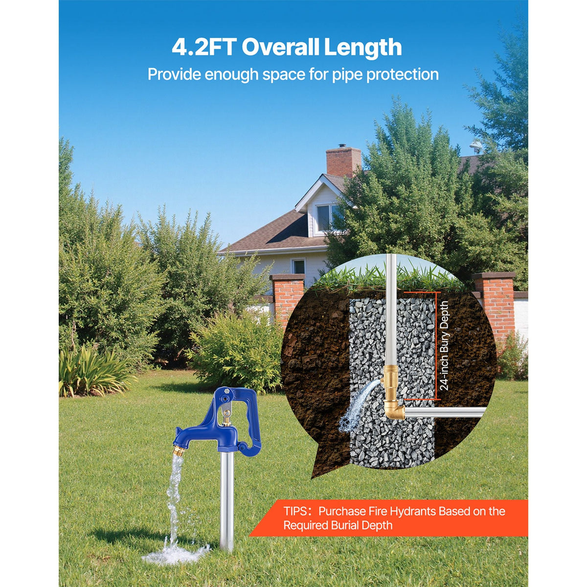 Frost Proof Yard Hydrant, 4.2FT Freeze-Proof Outdoor Faucet with 24" Bury Depth, 3/4" NPT Pipe Connection & 3/4" NH Hose Coupling, No Lead Freezeless Hydrant for Yard Garden Farm Irrigation