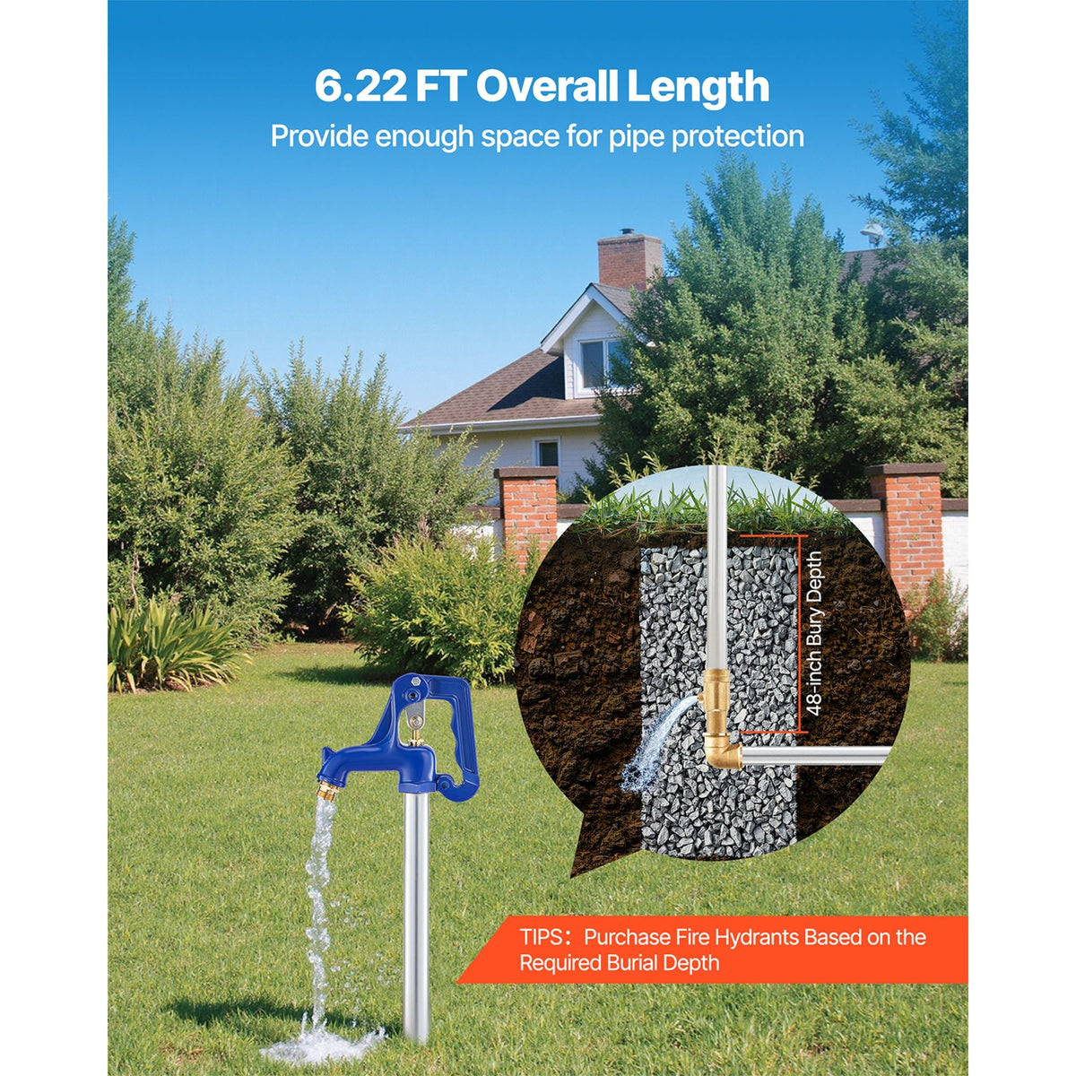 Frost Proof Yard Hydrant, 6.22FT Freeze-Proof Outdoor Faucet with 48" Bury Depth, 3/4" NPT Pipe Connection & 3/4" NH Hose Coupling, No Lead Freezeless Hydrant for Yard Garden Farm Irrigation
