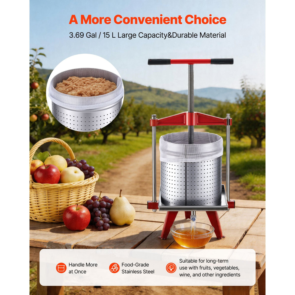 Fruit Wine Press, 3.96Gal/15L, Stainless Steel Manual Juice Maker, Heavy Duty T-Shaped Handle & Cross-beam for Cider Apple Grape Vegetable Press, with 2 Filter Bags, for Kitchen Home Brewing