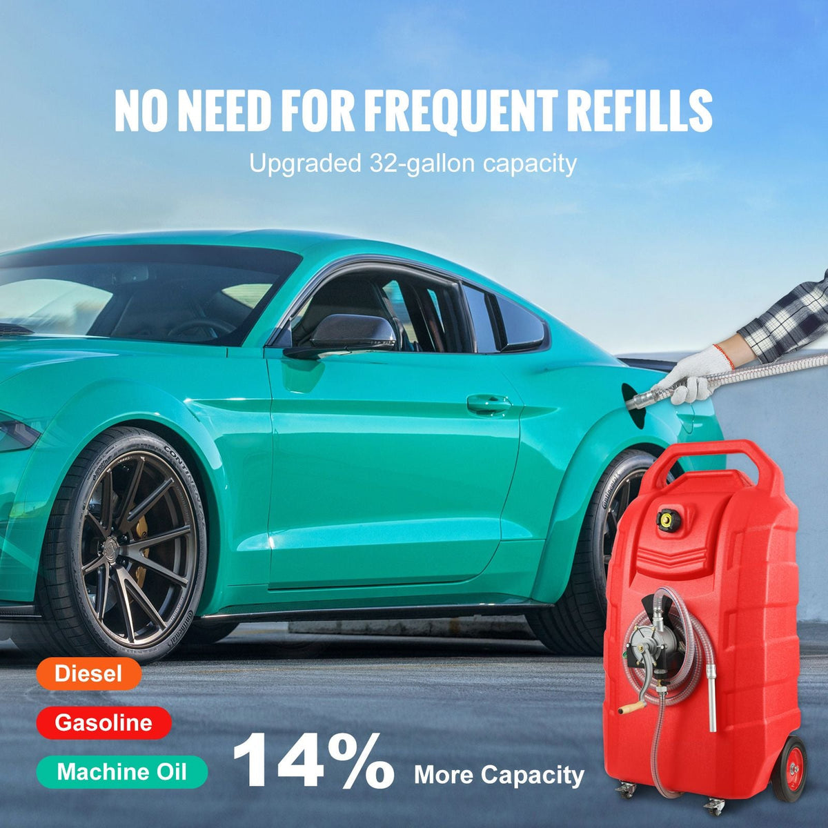Fuel Caddy, 32 Gallon, Portable Fuel Storage Tank On-Wheels, with Manual Transfer Pump, Gasoline Diesel Fuel Container for Cars, Lawn Mowers, ATVs, Boats, More, Red