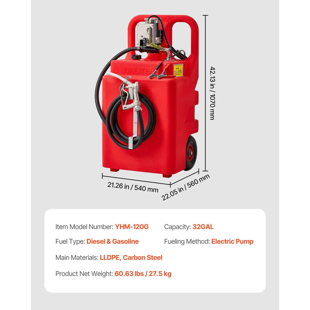 Fuel Caddy, 32 Gallon, Portable Fuel Tank with 12V DC 15 GPM Electric Fuel Transfer Pump, 13 ft Delivery Hose & Aluminum Alloy Manual Nozzle, Gas Caddy for Motorboats, ATVs, Diesel & Gasoline