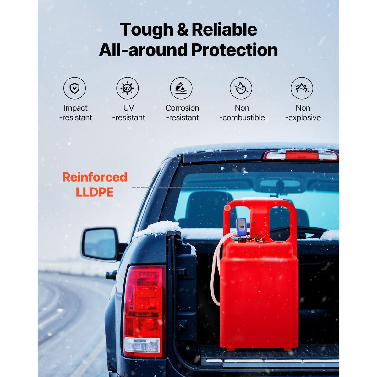 Fuel Caddy, 32 Gallon, Portable Fuel Tank with 12V DC 2.5 GPM Electric Fuel Transfer Pump, 4 ft Delivery Hose & Auto-Stop Sensor Nozzle, Tank Adapters, Suitable for Diesel & Gasoline, Red