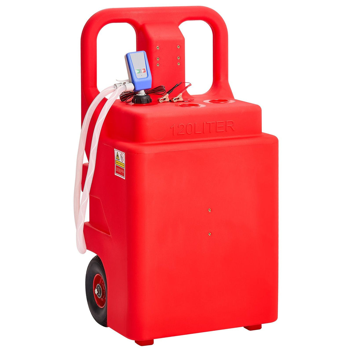 Fuel Caddy, 32 Gallon, Portable Fuel Tank with 12V DC 2.5 GPM Electric Fuel Transfer Pump, 4 ft Delivery Hose & Auto-Stop Sensor Nozzle, Tank Adapters, Suitable for Diesel & Gasoline, Red