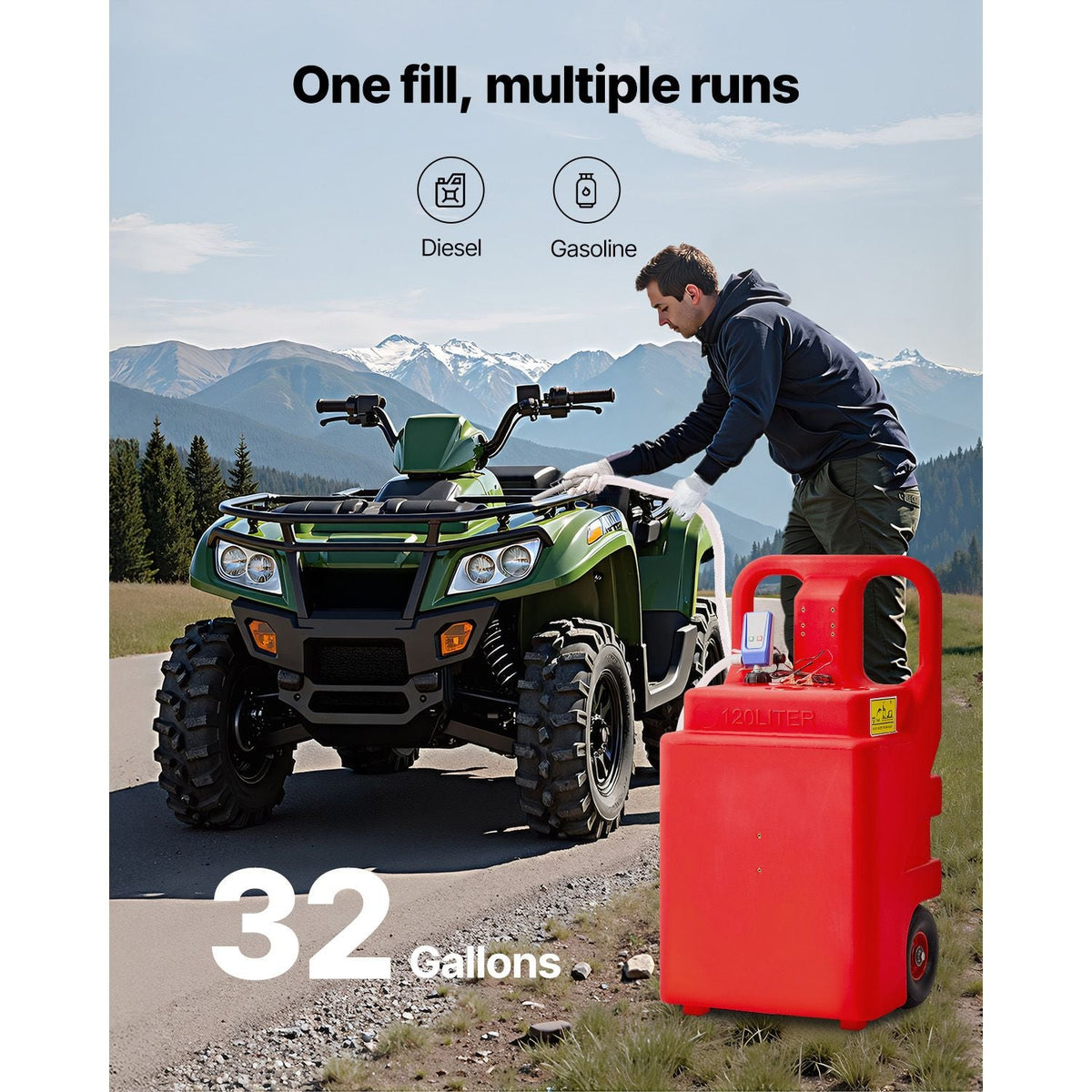 Fuel Caddy, 32 Gallon, Portable Fuel Tank with 12V DC 2.5 GPM Electric Fuel Transfer Pump, 4 ft Delivery Hose & Auto-Stop Sensor Nozzle, Tank Adapters, Suitable for Diesel & Gasoline, Red
