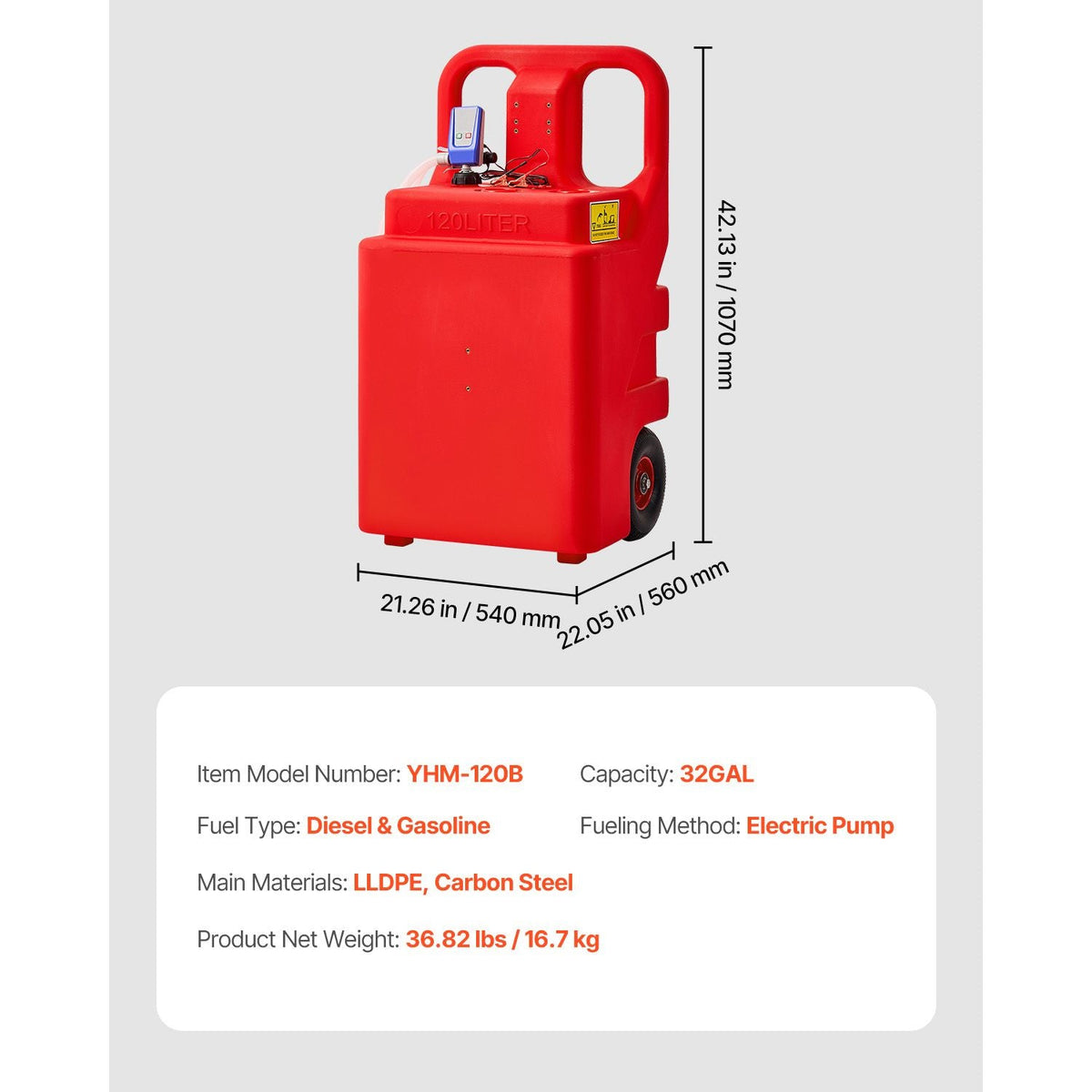 Fuel Caddy, 32 Gallon, Portable Fuel Tank with 12V DC 2.5 GPM Electric Fuel Transfer Pump, 4 ft Delivery Hose & Auto-Stop Sensor Nozzle, Tank Adapters, Suitable for Diesel & Gasoline, Red