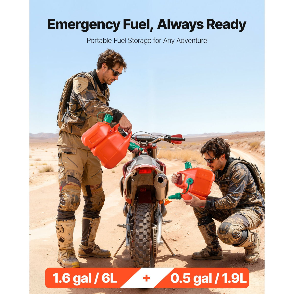 Fuel Container, 1.6 Gallon, Fuel Tank with Spout & 0.5 Gallon Extra Oil Container, 5.5 L/min Max Flow Rate, Leak-proof and Portable Flat Fluid Container for Most Cars Motorcycle ATV UTV