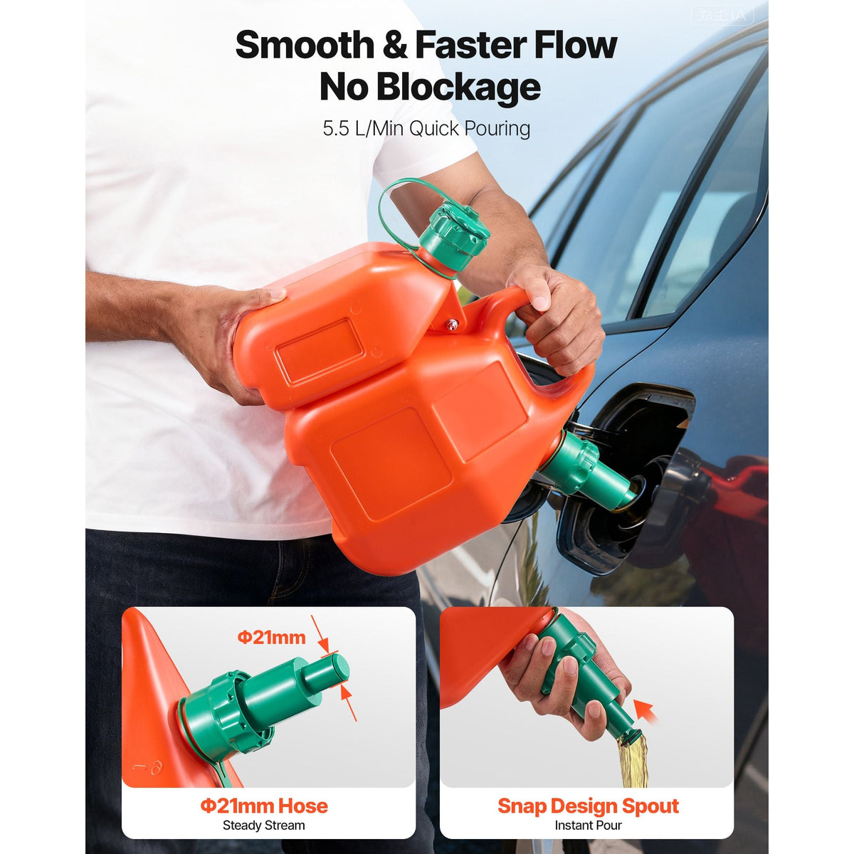 Fuel Container, 1.6 Gallon, Fuel Tank with Spout & 0.5 Gallon Extra Oil Container, 5.5 L/min Max Flow Rate, Leak-proof and Portable Flat Fluid Container for Most Cars Motorcycle ATV UTV