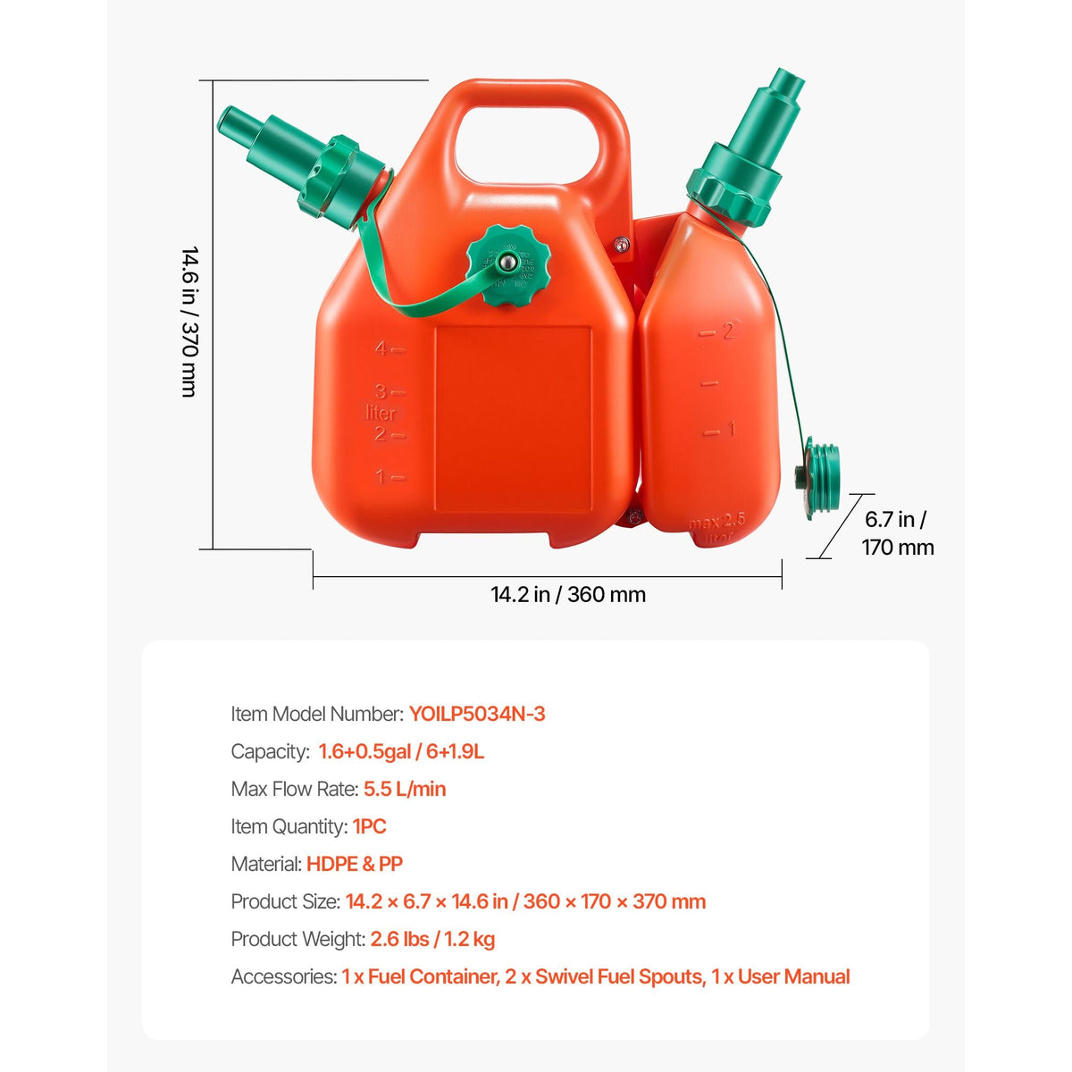 Fuel Container, 1.6 Gallon, Fuel Tank with Spout & 0.5 Gallon Extra Oil Container, 5.5 L/min Max Flow Rate, Leak-proof and Portable Flat Fluid Container for Most Cars Motorcycle ATV UTV