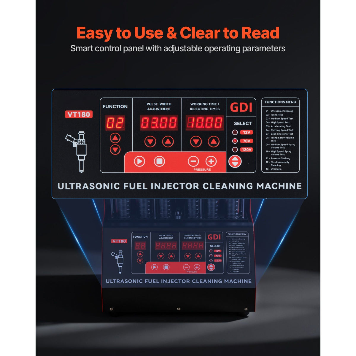 Fuel Injector Cleaner Tester, 9 Test Modes, 6-Cylinder 28kHz Ultrasonic Cleaning Machine Adjustable 12V/70V/120V for EFI/FSI/GDI, Injector Cleaner Machine with Drain Valve for Car & Motorcycle
