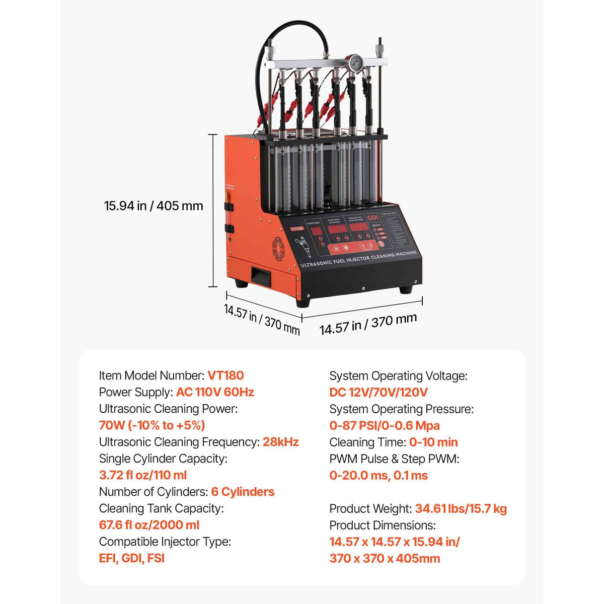 Fuel Injector Cleaner Tester, 9 Test Modes, 6-Cylinder 28kHz Ultrasonic Cleaning Machine Adjustable 12V/70V/120V for EFI/FSI/GDI, Injector Cleaner Machine with Drain Valve for Car & Motorcycle