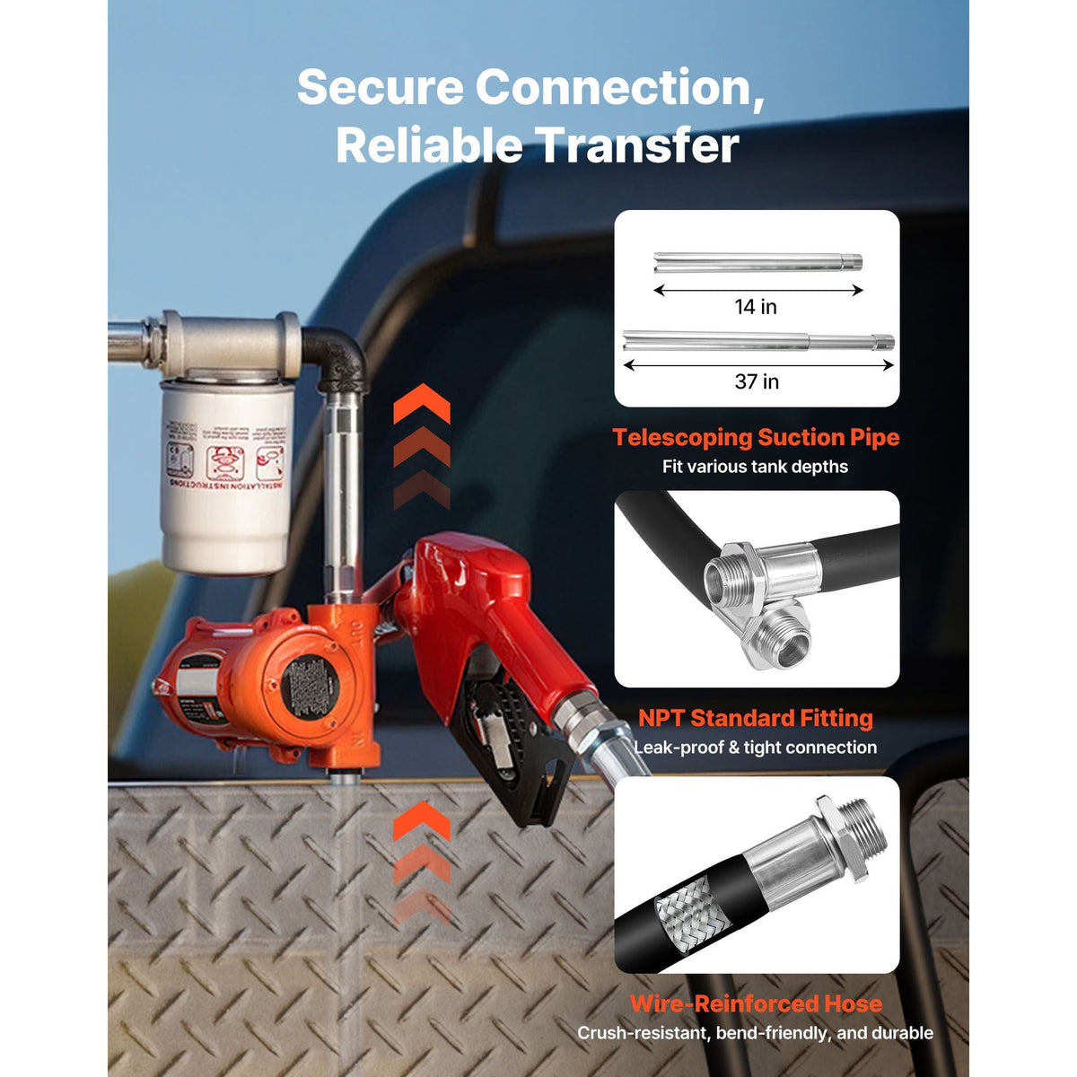 Fuel Transfer Pump, 12V DC 10 GPM, Portable Diesel Transfer Pump Kit, with Auto Shut-Off Nozzle, Discharge Hose, Overheat Protection, Power Cable, Explosion-Proof, for Gasoline Diesel Kerosene