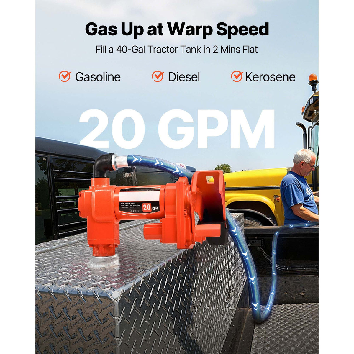 Fuel Transfer Pump, 12V DC 20 GPM 1/4 HP Diesel Pump, Extractor Pumps with Manual Nozzle, Discharge Hose and Suction Pipe, for Gasoline, Diesel, Kerosene, Ethanol-Methanol Blends & Biodiesel