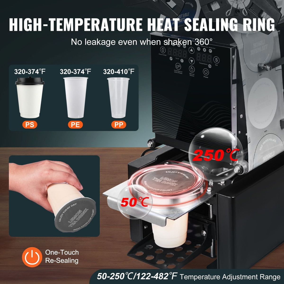 Fully Automatic Cup Sealing Machine, 500-650 Cups/H, Cup Sealer Machine for 190 mm Tall & 90/95 mm Cup, Electric Tea Sealer with Digital Control LCD Panel for Bubble Milk Tea Coffee, Black