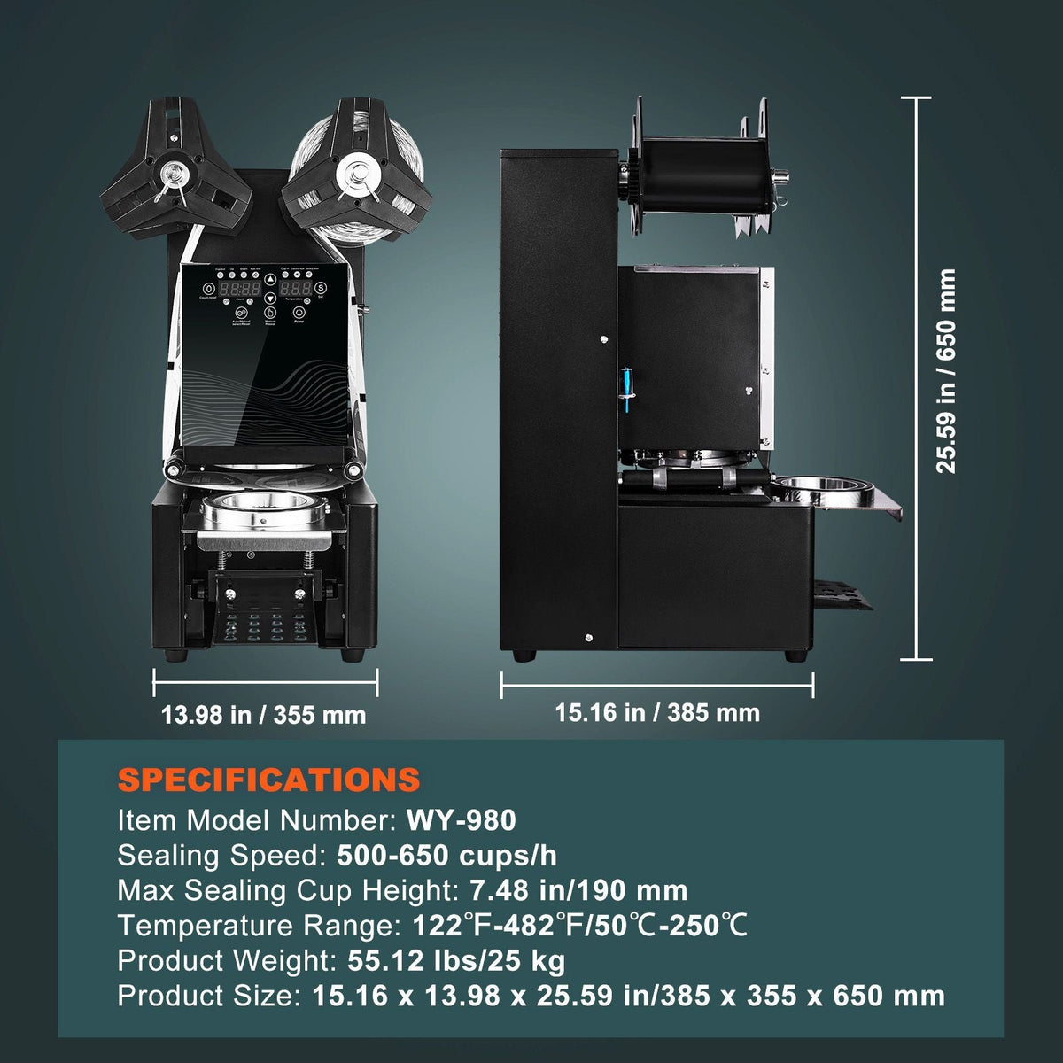Fully Automatic Cup Sealing Machine, 500-650 Cups/H, Cup Sealer Machine for 190 mm Tall & 90/95 mm Cup, Electric Tea Sealer with Digital Control LCD Panel for Bubble Milk Tea Coffee, Black