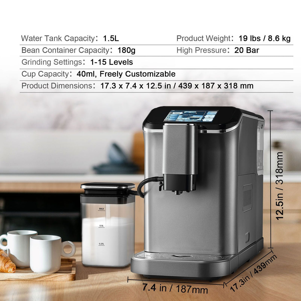 Fully Automatic Espresso Machine - with Automatic Milk Frother, 20 Bar Super-Automatic Cappuccino Latte Machine with TFT Touch Screen, Grinder, 15 Grinding Levels, and Removable Milk Reservoir
