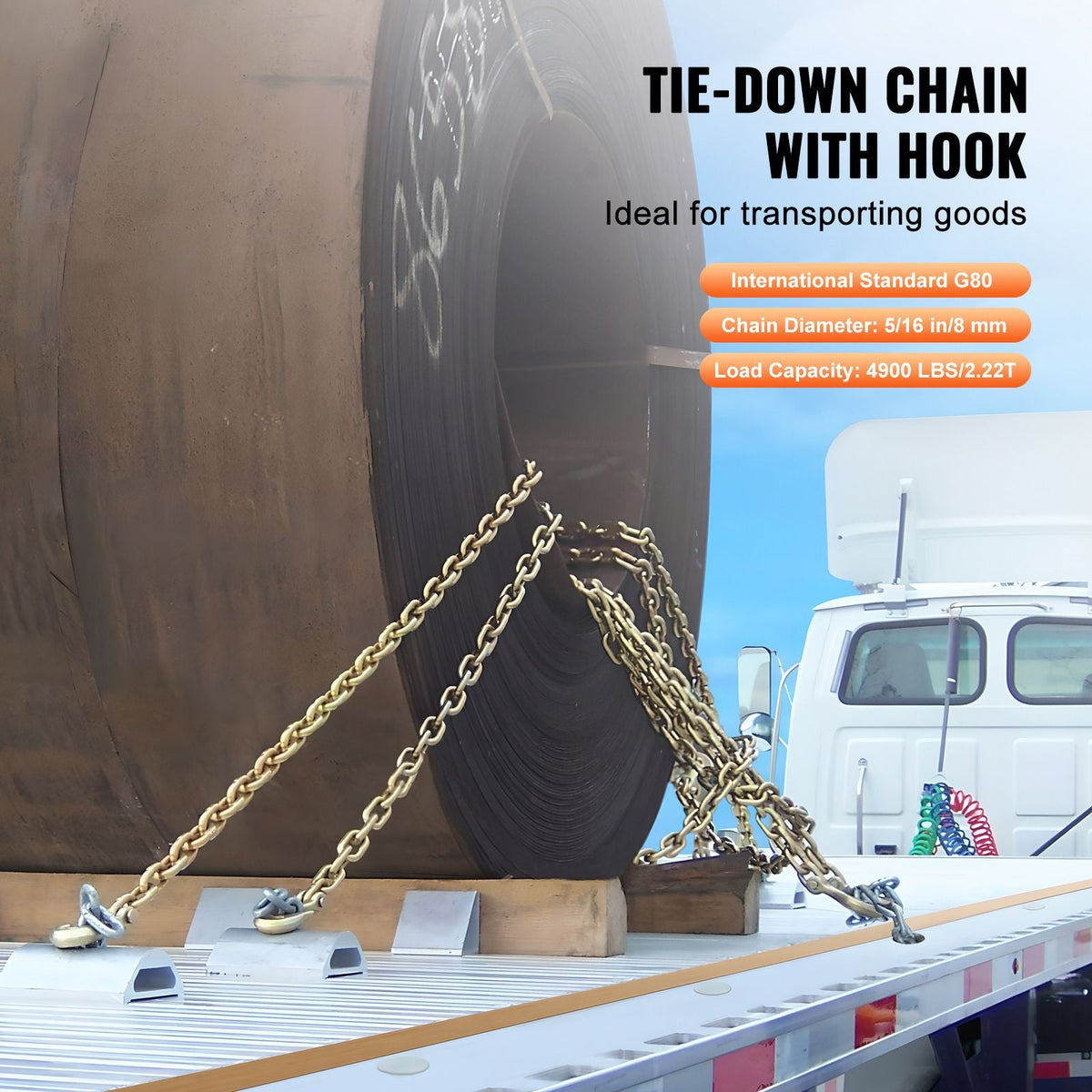 G80 Transport Binder Chain, 5/16" x 10.3' 2-Pack Tow Chain with Clevis Grab Hooks, 4900 lbs Safe Working Load, Heavy Duty Logging Chain for Transporting Towing Truck Tie Down Binding Equipment