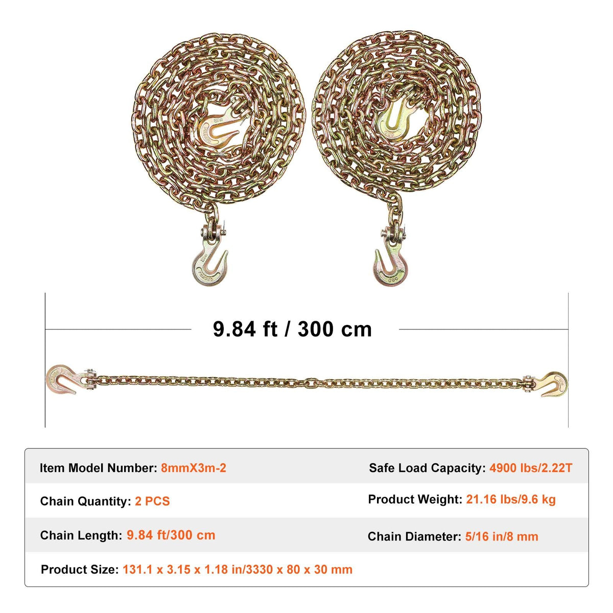 G80 Transport Binder Chain, 5/16" x 10.3' 2-Pack Tow Chain with Clevis Grab Hooks, 4900 lbs Safe Working Load, Heavy Duty Logging Chain for Transporting Towing Truck Tie Down Binding Equipment