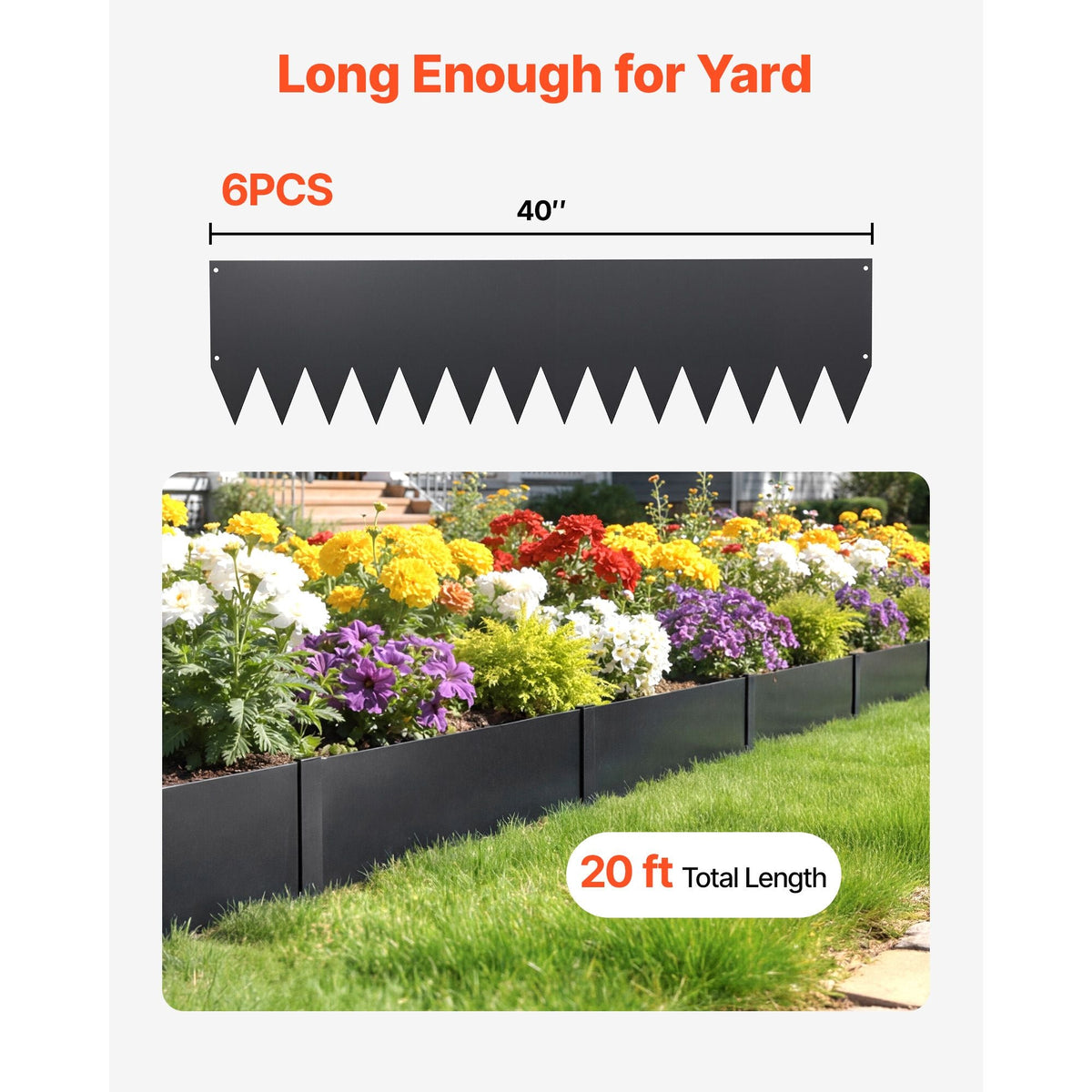 Galvanized Steel Landscape Edging, 6-Pack 40 x 10 Inch Metal Edging for Landscaping with 8 Mounting Clips, Heavy Duty Metal Garden Edge Border for Flower Bed, Yard Pathway, Black