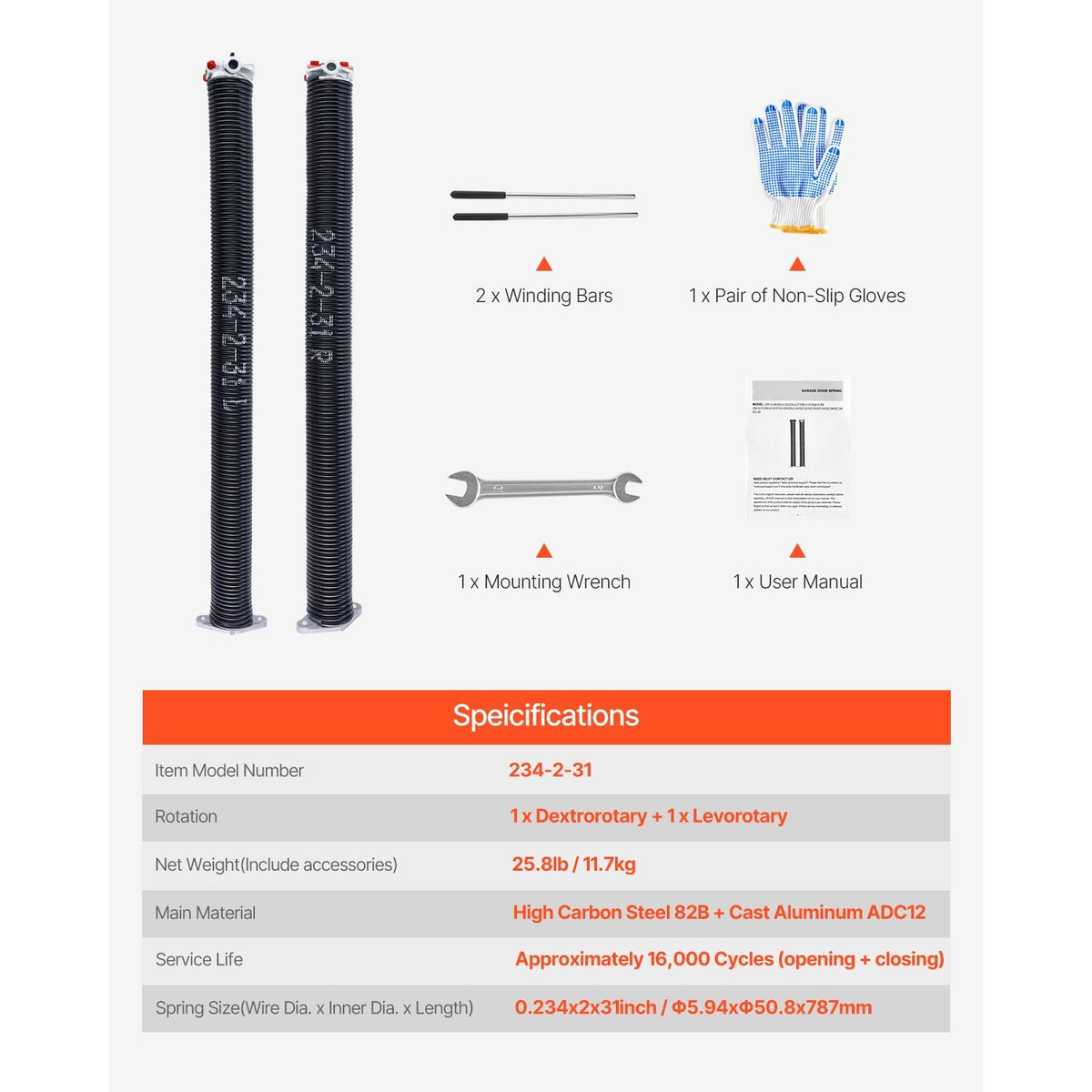 Garage Door Torsion Springs, Pair of 0.234 x 2 x 31 in, 16000 Cycles, Electrophoresis Black Coated for Replacement, Garage Door Springs with Non-Slip Winding Bars, Gloves and Mounting Wrench