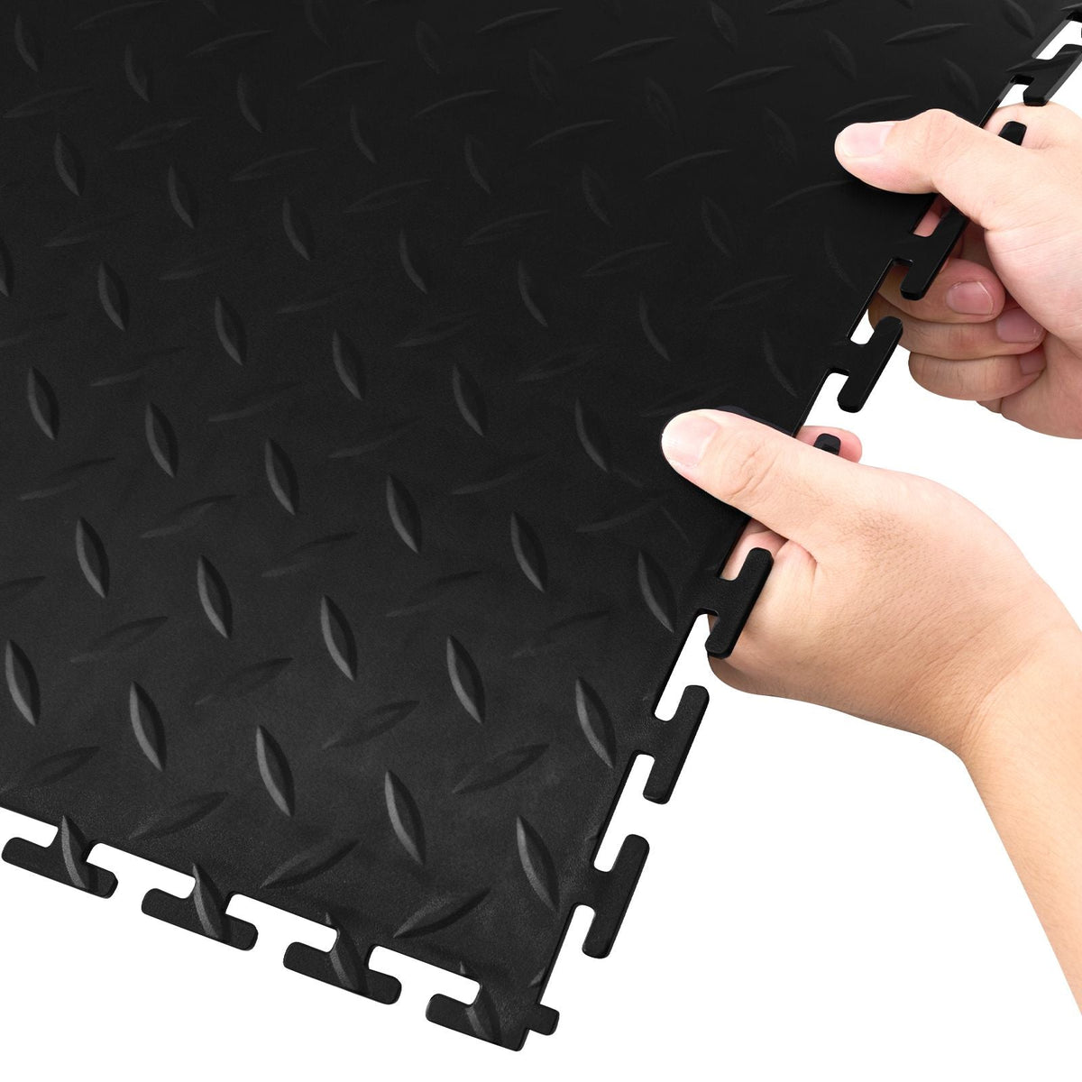 Garage Floor Tiles Interlocking, 8 Pack 20.2 x 20.2 x 0.2 in Interlocking Modular Garage Flooring Tiles, Diamond Plate Slip-Resistant PVC Mats for Workshop,Warehouse,Tool Room, Black