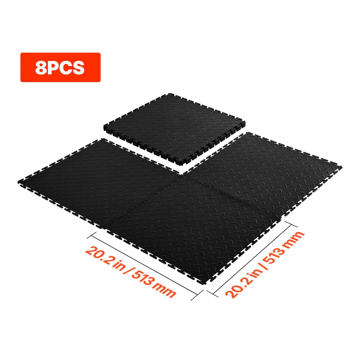 Garage Floor Tiles Interlocking, 8 Pack 20.2 x 20.2 x 0.2 in Interlocking Modular Garage Flooring Tiles, Diamond Plate Slip-Resistant PVC Mats for Workshop,Warehouse,Tool Room, Black