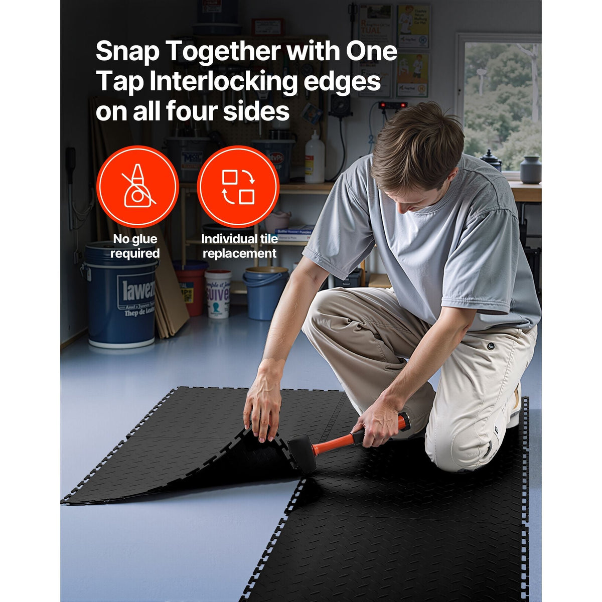 Garage Floor Tiles Interlocking, 8 Pack 20.2 x 20.2 x 0.2 in Interlocking Modular Garage Flooring Tiles, Diamond Plate Slip-Resistant PVC Mats for Workshop,Warehouse,Tool Room, Black