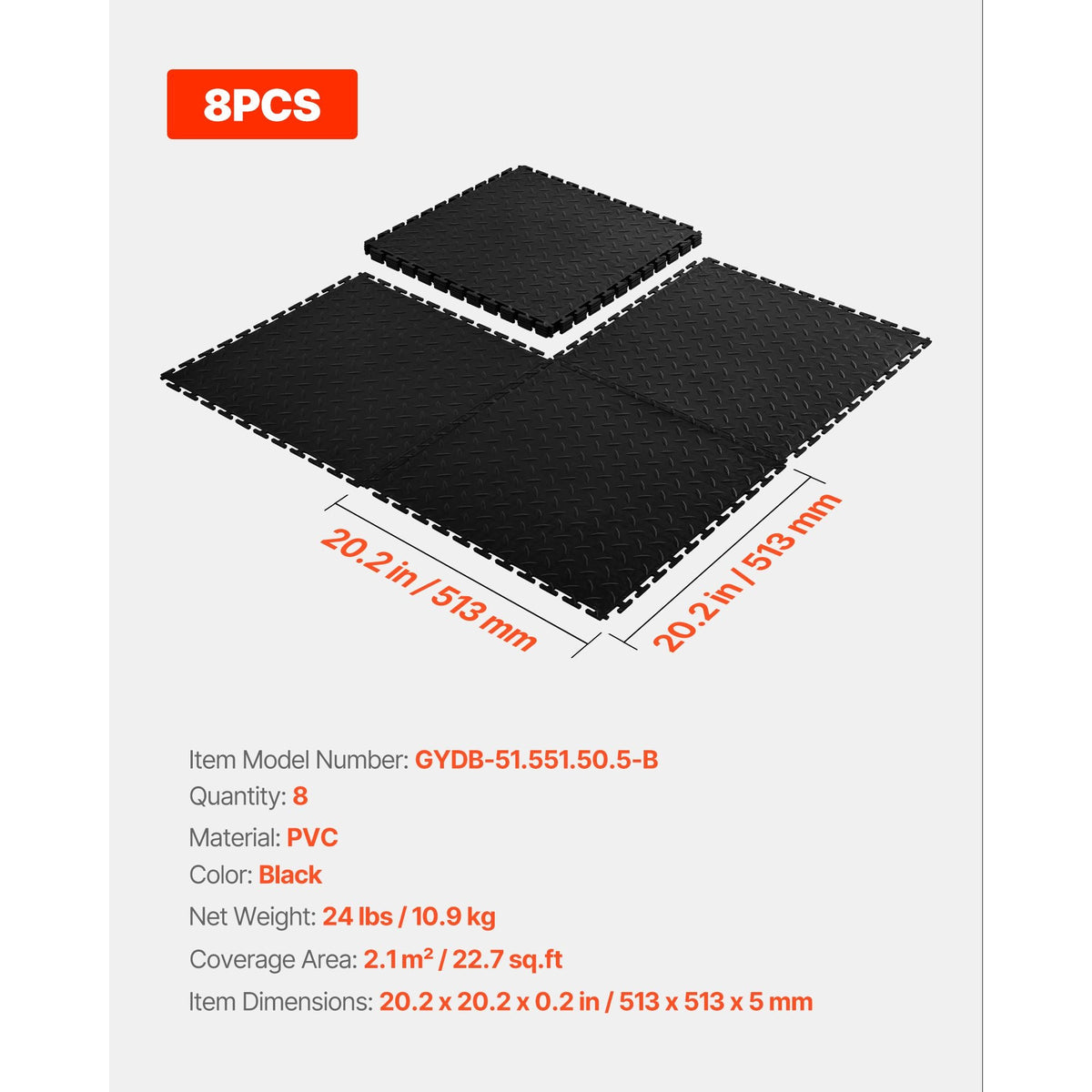 Garage Floor Tiles Interlocking, 8 Pack 20.2 x 20.2 x 0.2 in Interlocking Modular Garage Flooring Tiles, Diamond Plate Slip-Resistant PVC Mats for Workshop,Warehouse,Tool Room, Black