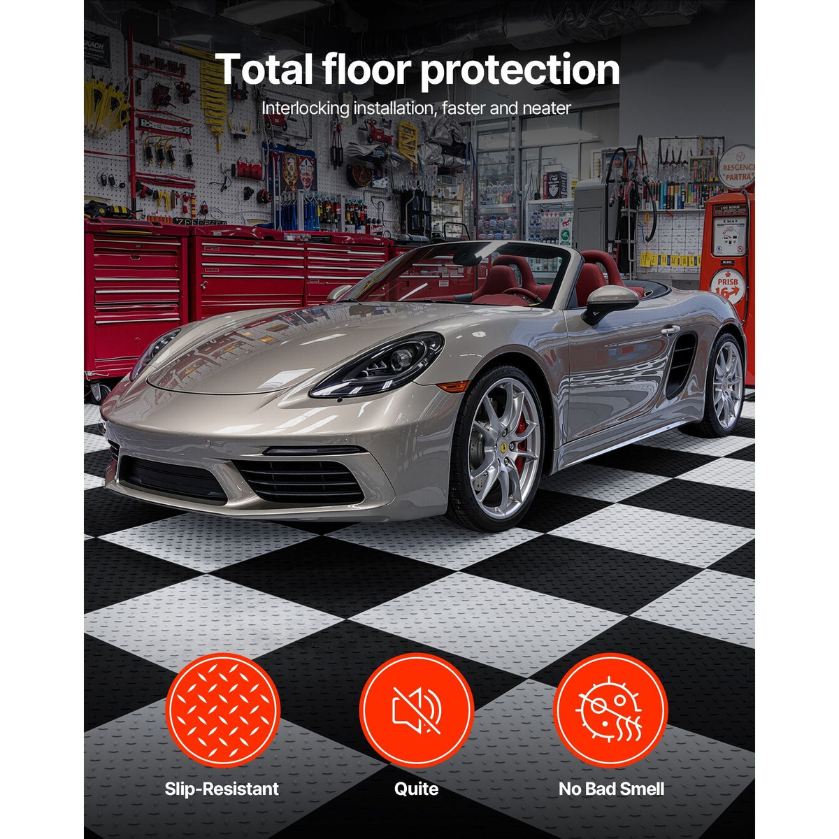 Garage Floor Tiles Interlocking, 8 Pack 20.2 x 20.2 x 0.2 in Interlocking Modular Garage Flooring Tiles, Diamond Plate Slip-Resistant PVC Mats for Workshop,Warehouse,Tool Room, Black