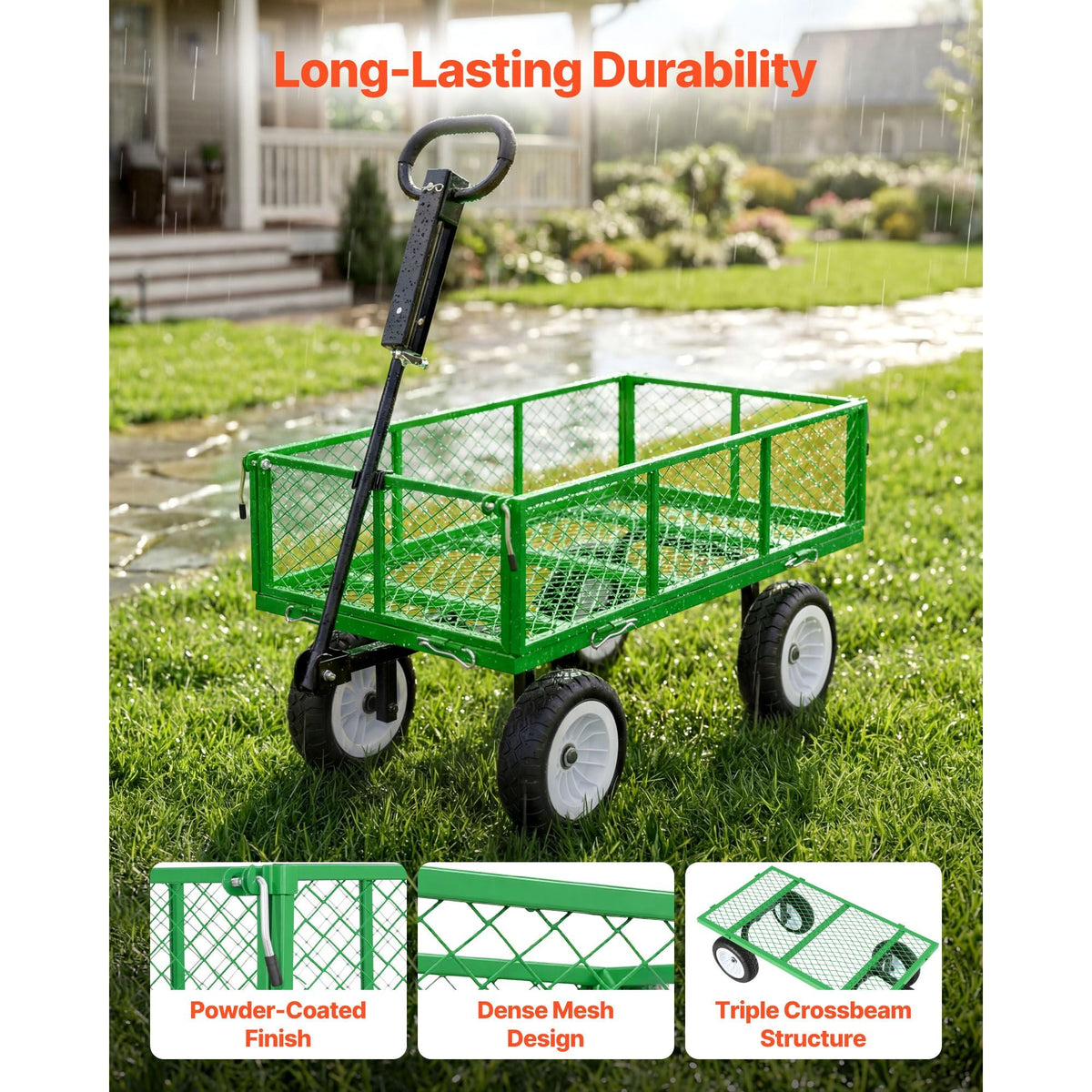 Garden Cart, 900 LBS, Heavy Duty Steel Yard and Garden Utility Wagon with 10-Inch Tires, Outdoor Gardening Stool with Adjustable Handle, Detachable Side Panels, Attach to ATV or Tractor, Green